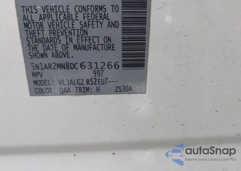 2013 Nissan Pathfinder Sl z USA, uszkodzony, nr VIN 5N1AR2MN8DC631266